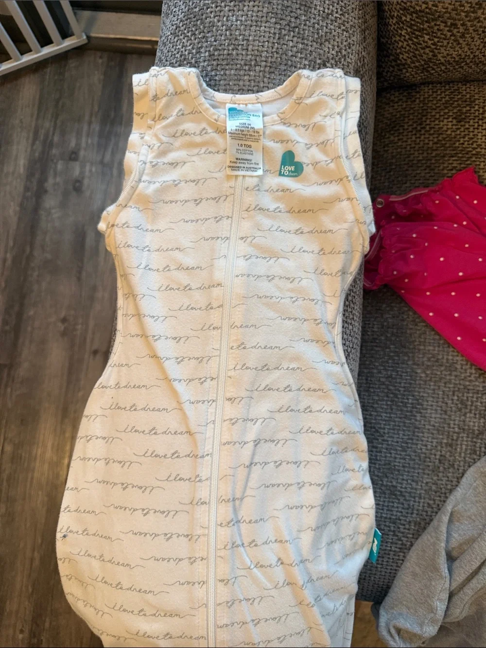 Love to Dream White Sleeveless Zip Sleep Sack with Script Print